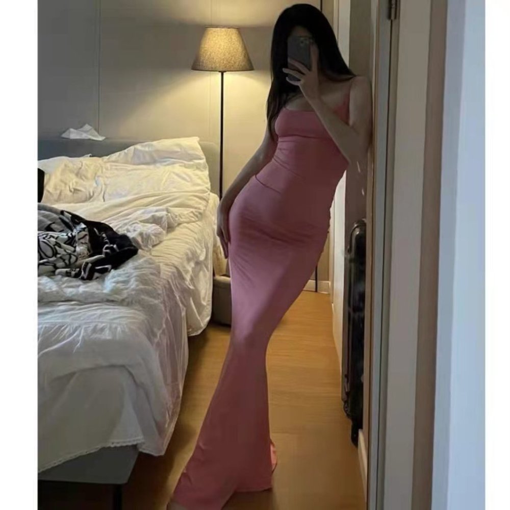 Hot Girl Pure Desire Slim Pink Bag Hip Strap Beauty Back Fishtail Dress S Curve
